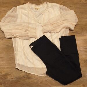 White Blouse With Gold Detail and Black Pants Set